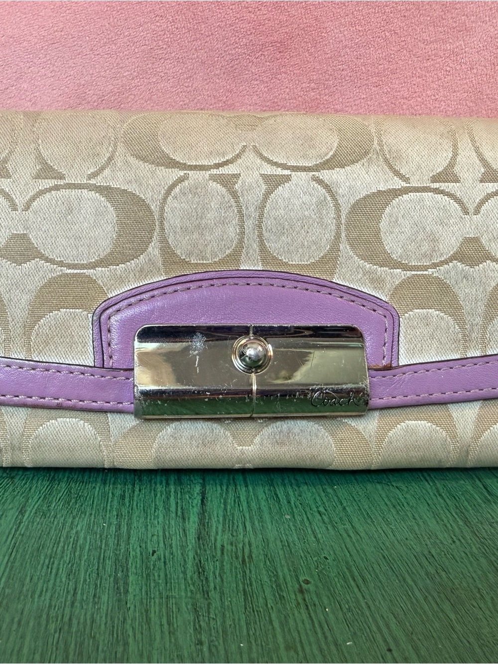 Coach Signature Canvas Clutch with Lilac Trim and Silver Hardware